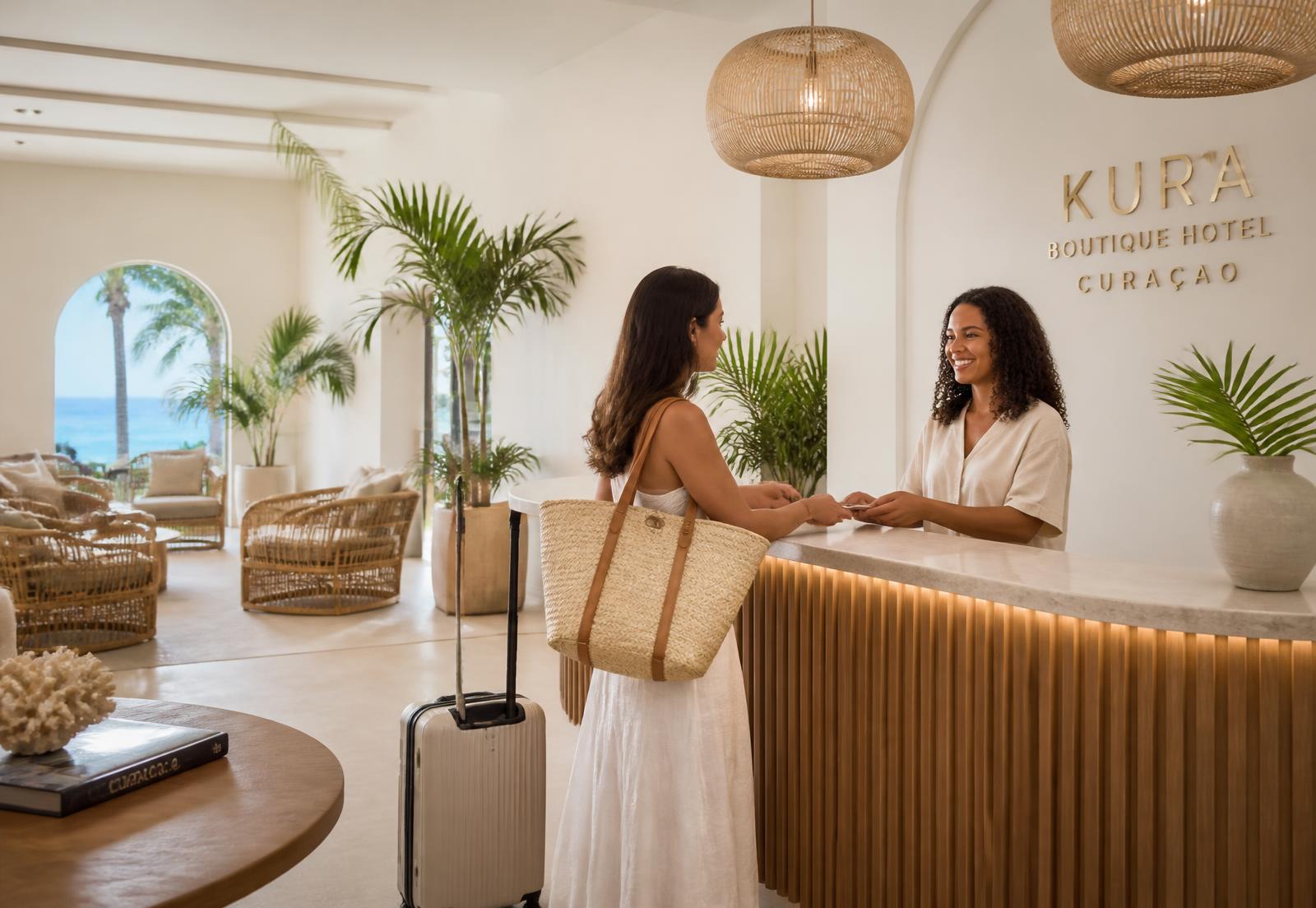 Gast wordt welkom geheten in een lichte hotellobby op Curaçao