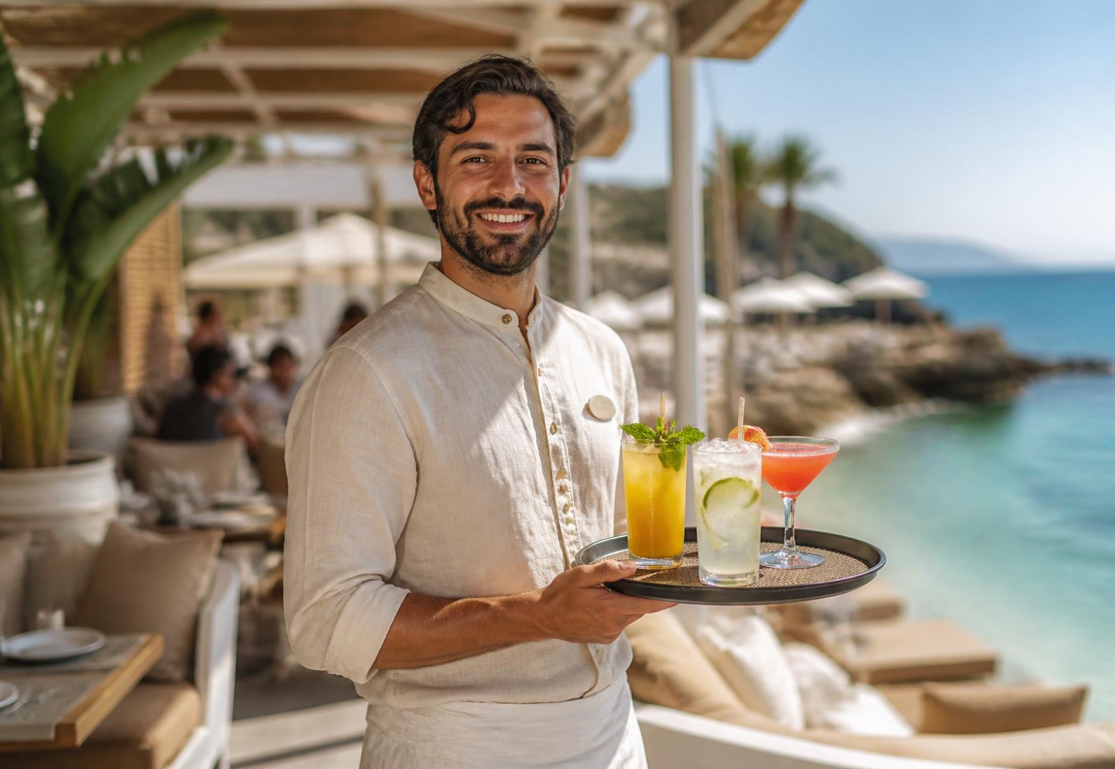 Lachende medewerker met een tray verse cocktails bij een beachclub
