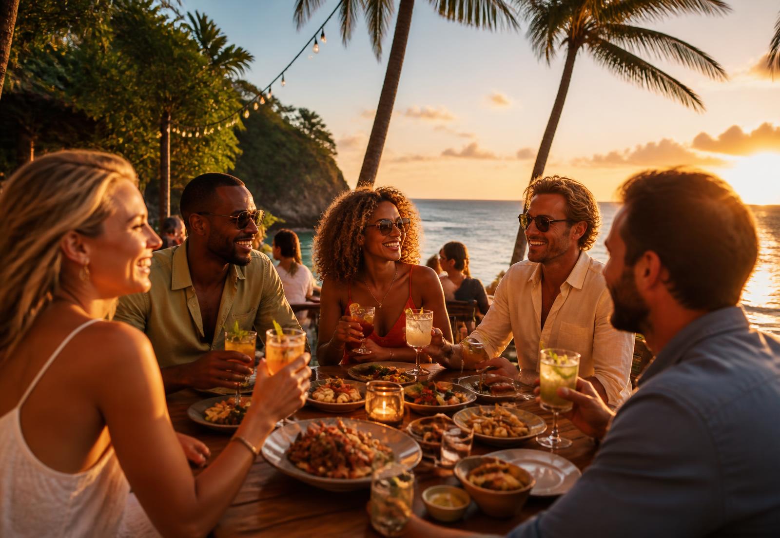 Vrienden dineren op een terras bij zonsondergang op Curaçao